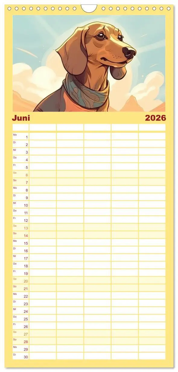 Bild: 9783516501070 | Familienplaner 2026 - Dackel mit 5 Spalten (Wandkalender, 21 x 45...