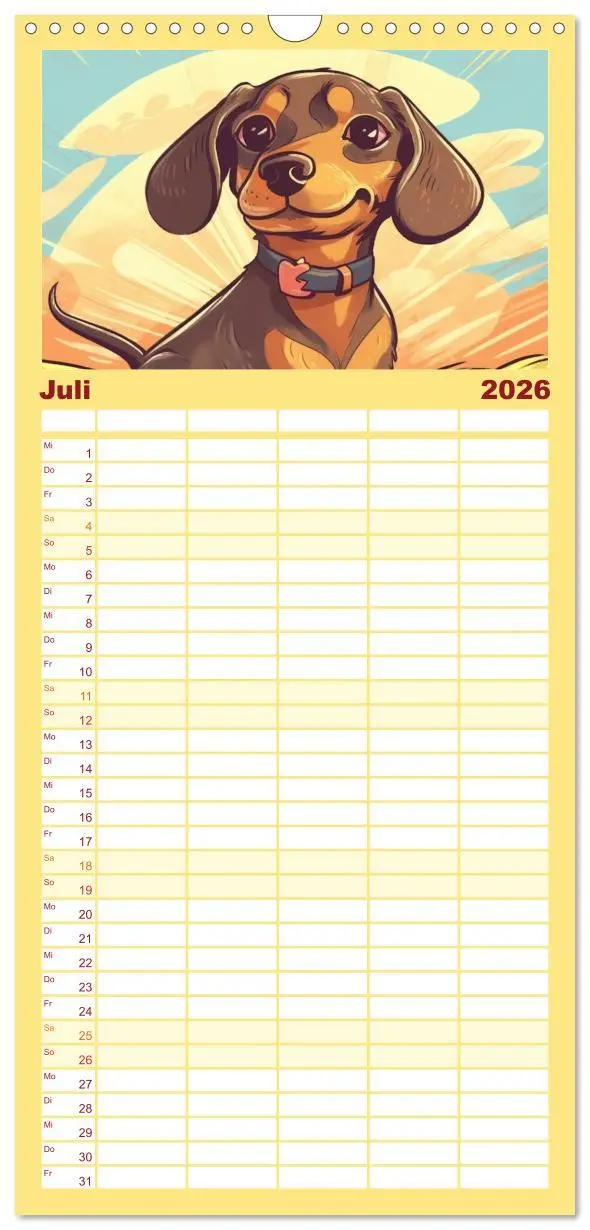 Bild: 9783516501070 | Familienplaner 2026 - Dackel mit 5 Spalten (Wandkalender, 21 x 45...