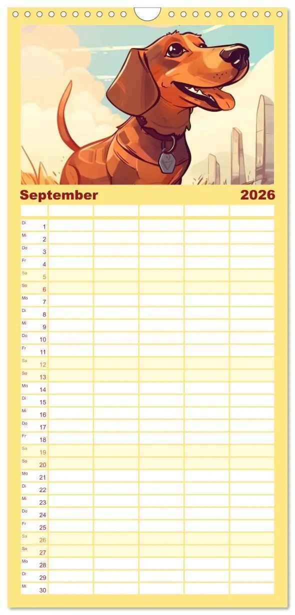 Bild: 9783516501070 | Familienplaner 2026 - Dackel mit 5 Spalten (Wandkalender, 21 x 45...