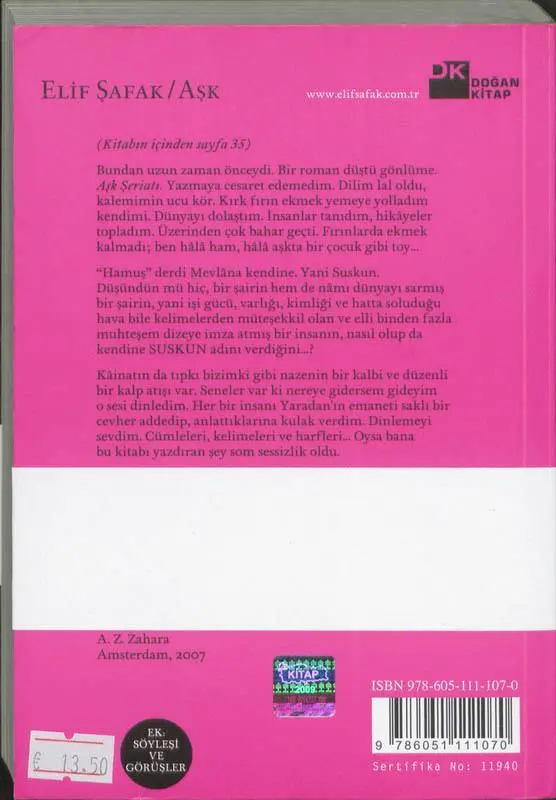 Rückseite: 9786051111070 | Ask | Elif Shafak (u. a.) | Taschenbuch | 420 S. | Türkisch | 2010