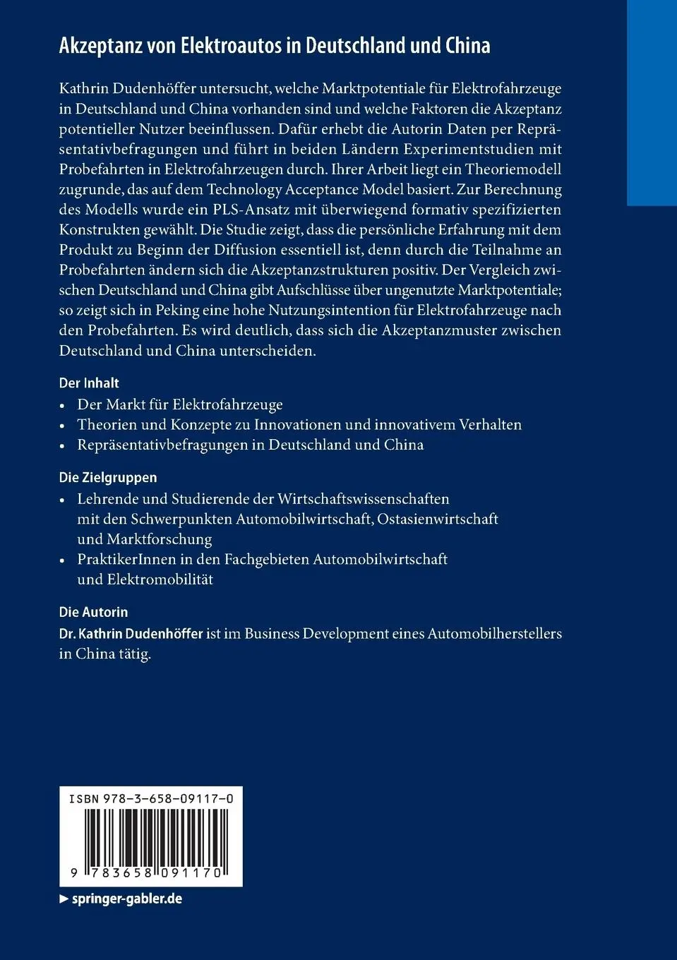 Rückseite: 9783658091170 | Akzeptanz von Elektroautos in Deutschland und China | Dudenhöffer