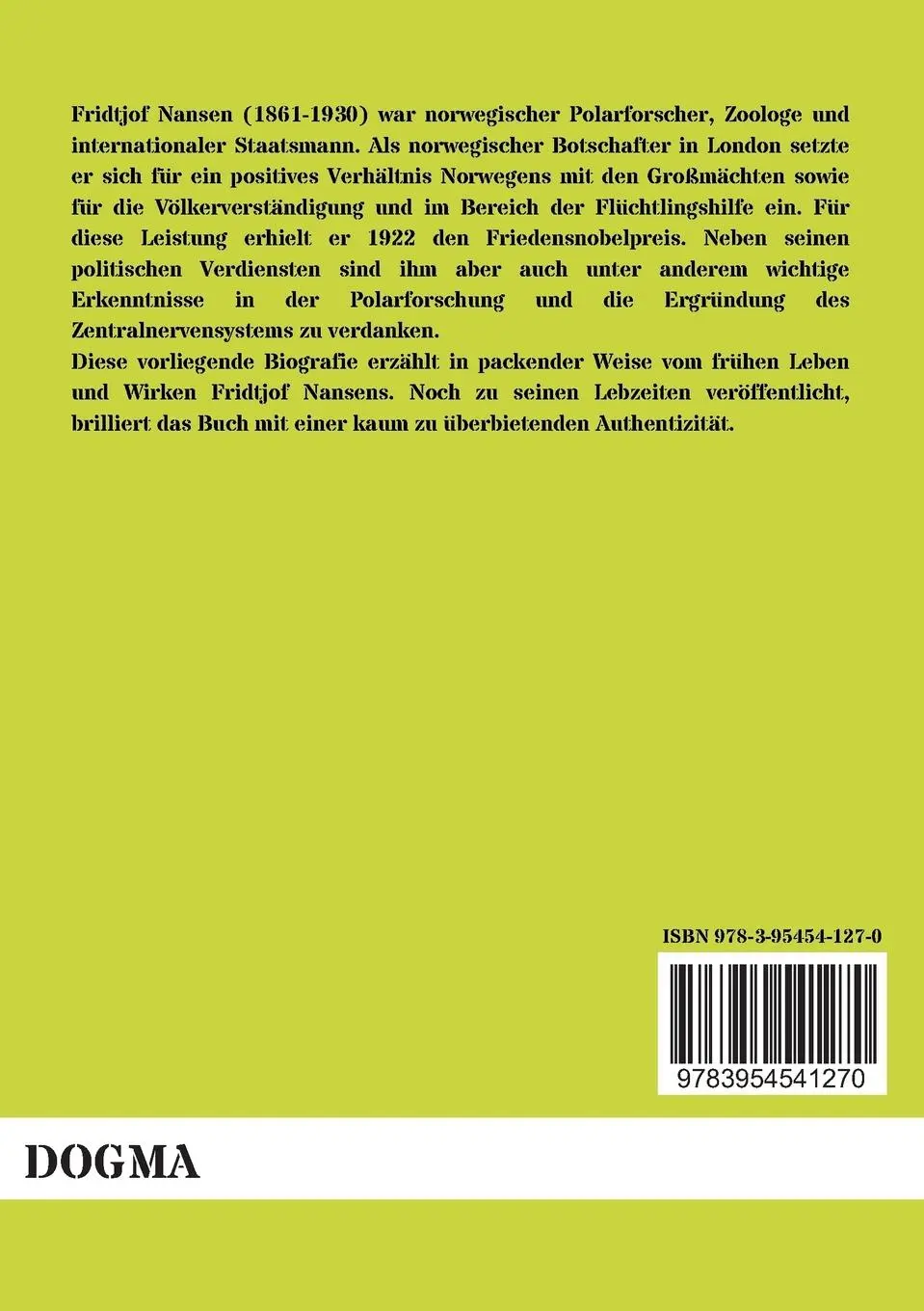 Rückseite: 9783954541270 | Fridtjof Nansen | Ein Lebensbild | Eugen Von Enzberg | Taschenbuch