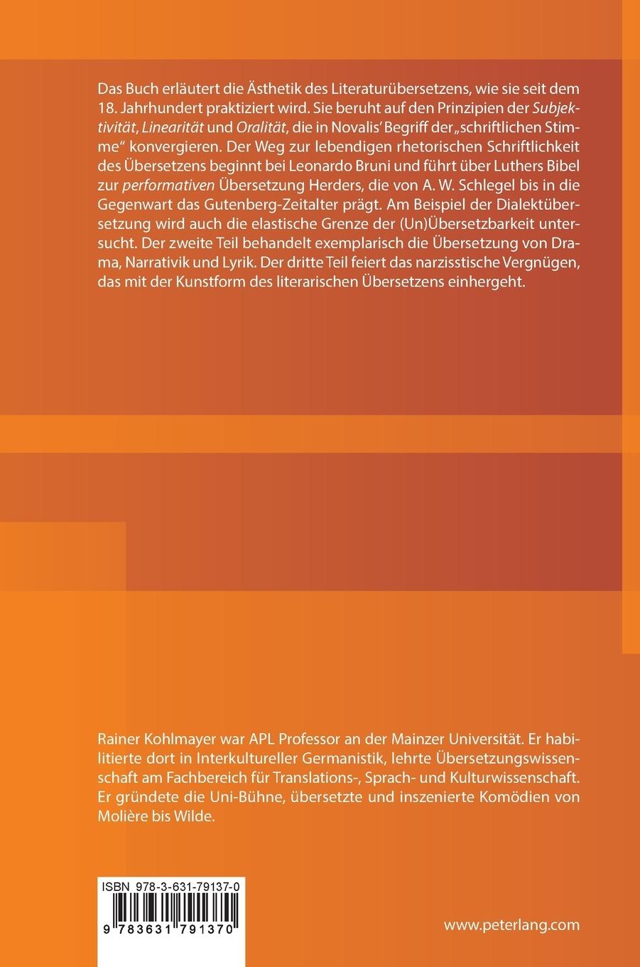 Rückseite: 9783631791370 | Literaturübersetzen | Ästhetik und Praxis | Rainer Kohlmayer | Buch