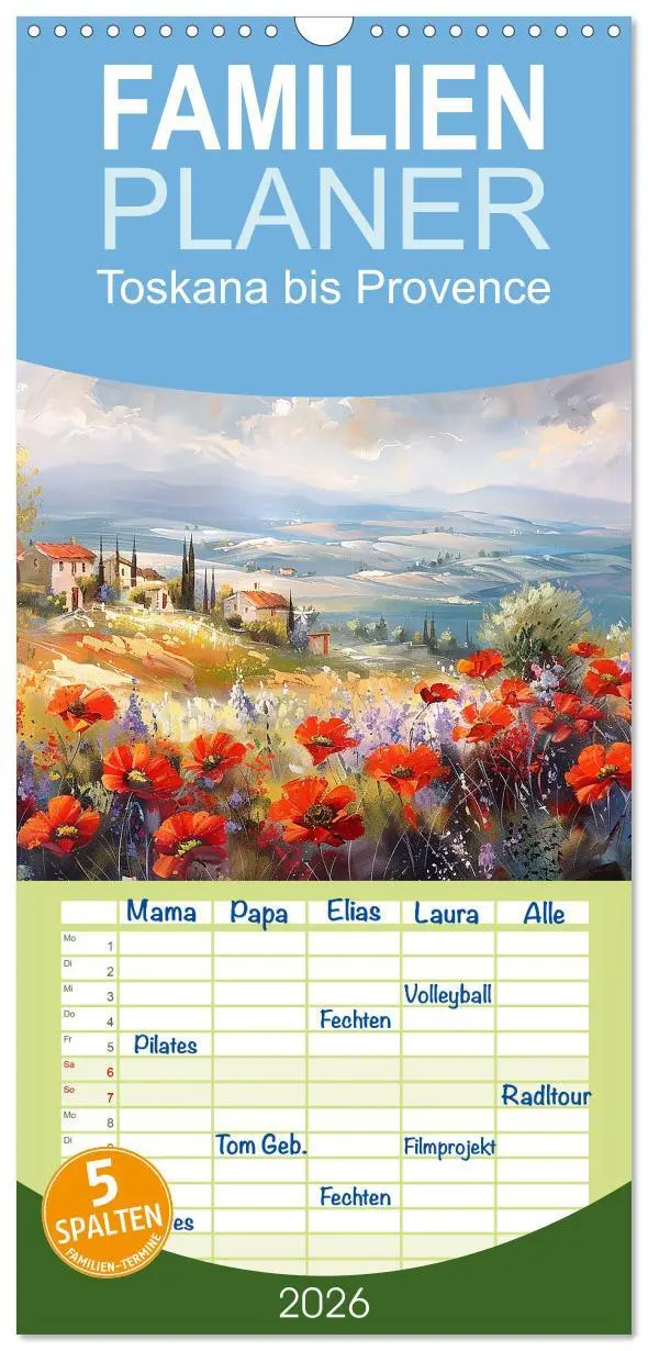 Cover: 9783516491470 | Familienplaner 2026 - Toskana bis Provence mit 5 Spalten...