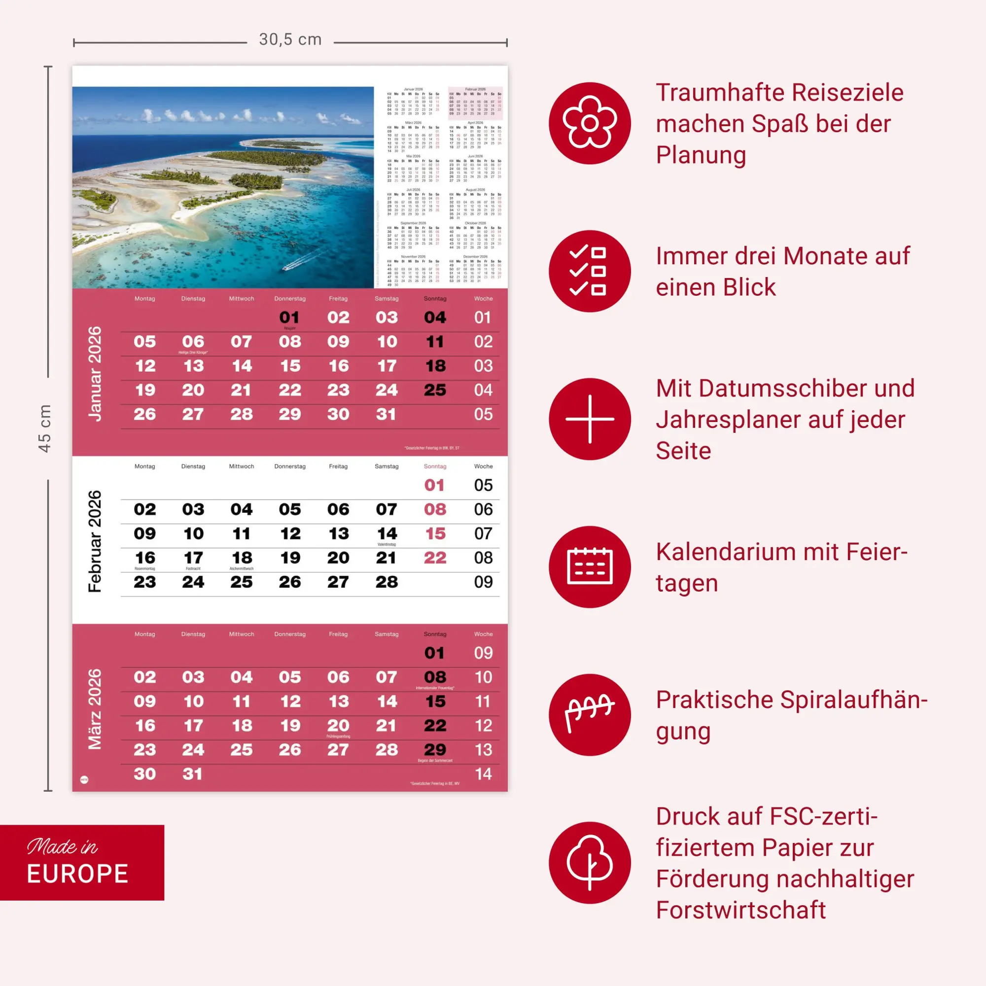 Bild: 9783756411870 | 3-Monatsplaner Foto Traumziele 2026 | Heye | Kalender | Spiralbindung