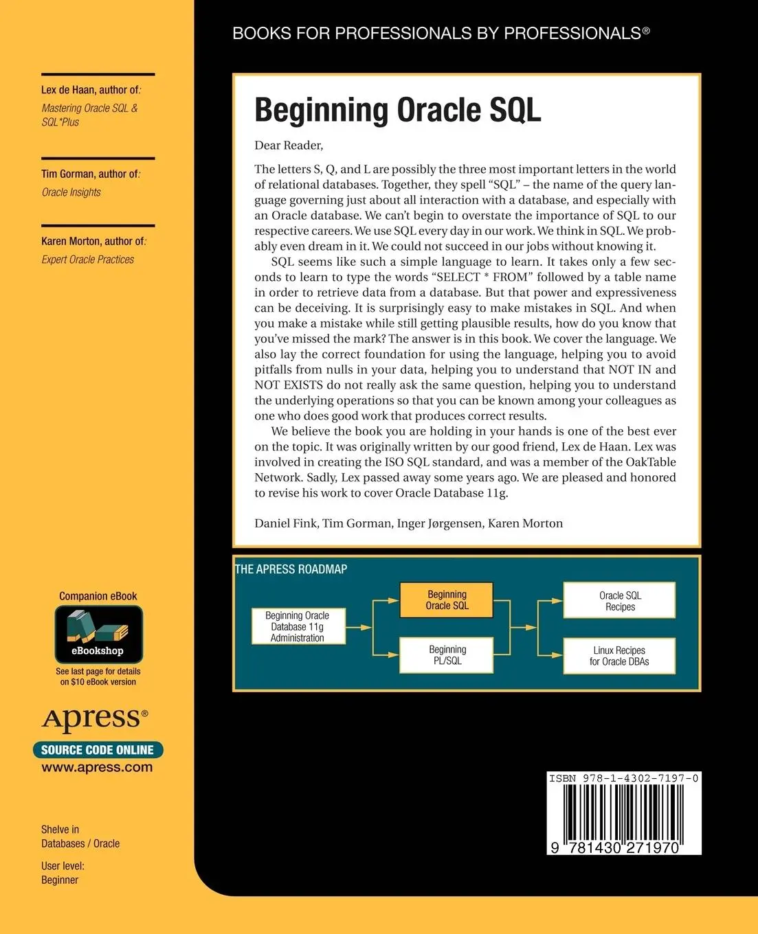 Rückseite: 9781430271970 | Beginning Oracle SQL | Lex deHaan (u. a.) | Taschenbuch | 459 S.