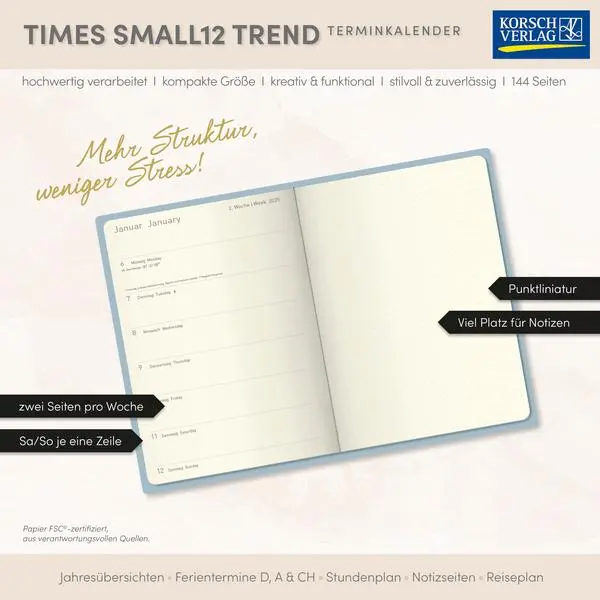 Bild: 9783731891970 | Buchkalender Times Small12 Trend Welle 2026 | Verlag Korsch | Buch