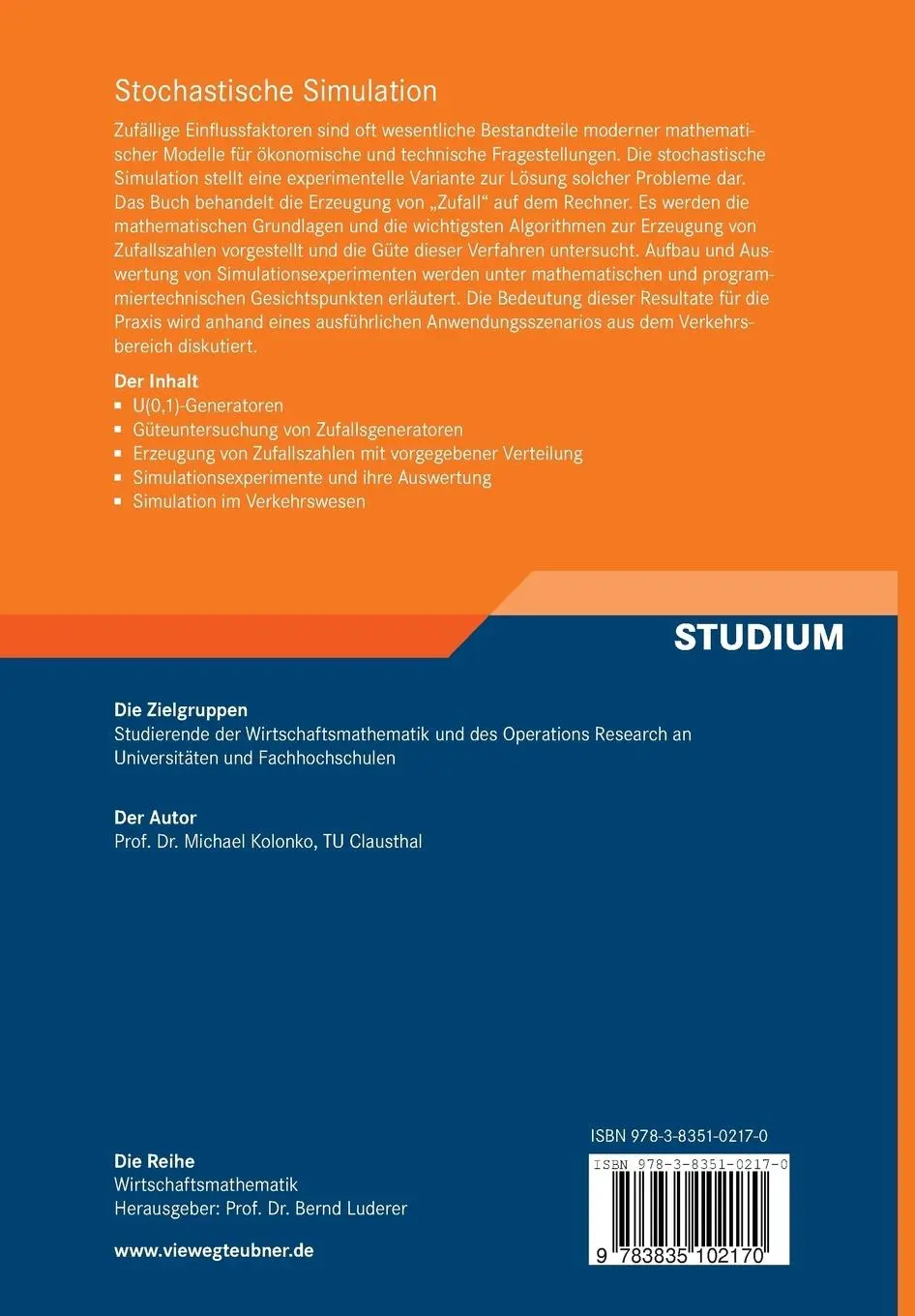 Rückseite: 9783835102170 | Stochastische Simulation | Grundlagen, Algorithmen und Anwendungen
