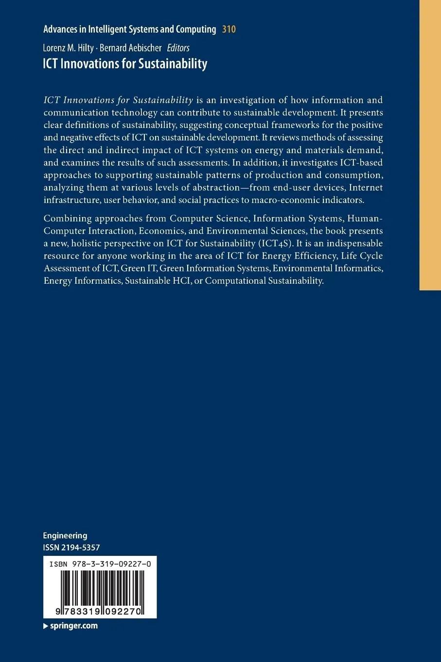 Rückseite: 9783319092270 | ICT Innovations for Sustainability | Bernard Aebischer (u. a.) | Buch