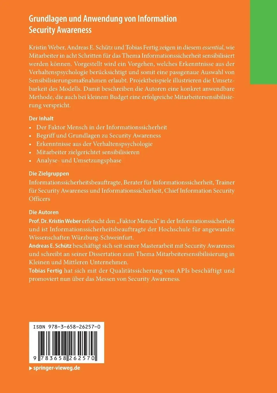 Rückseite: 9783658262570 | Grundlagen und Anwendung von Information Security Awareness | Buch