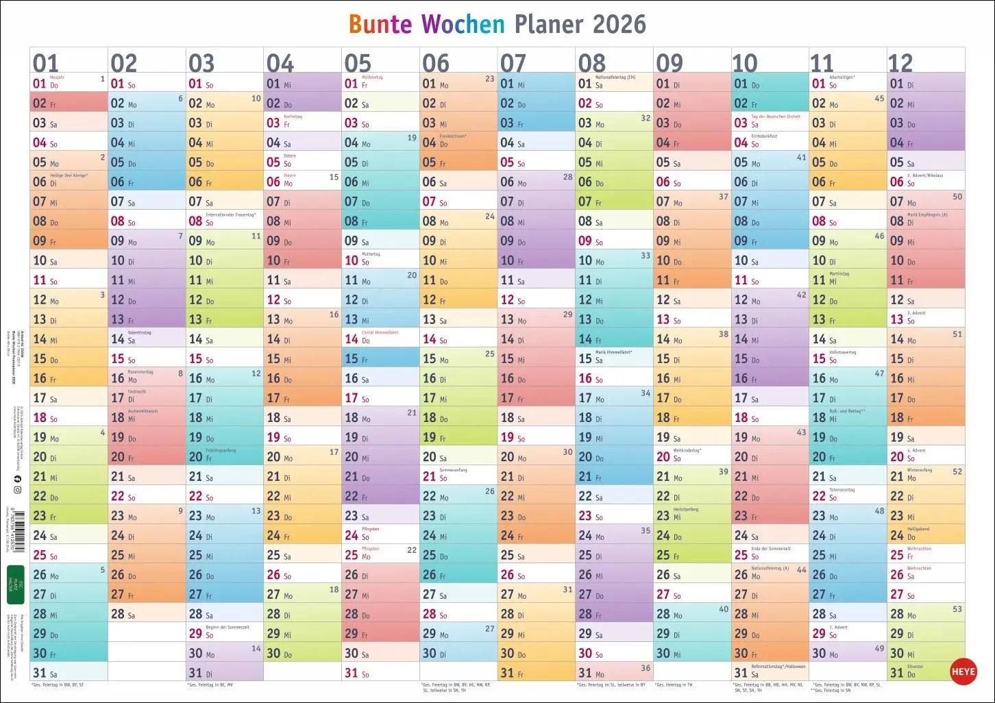 Cover: 9783756412570 | Bunte Wochen Posterplaner 2026 | Kalender | Bürokalender Heye | LOSEBL