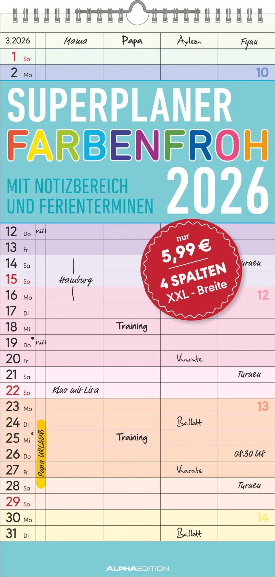 Cover: 4069095003170 | Superplaner Farbenfroh 2026 mit 4 Spalten - Familien-Timer 22x45 cm...