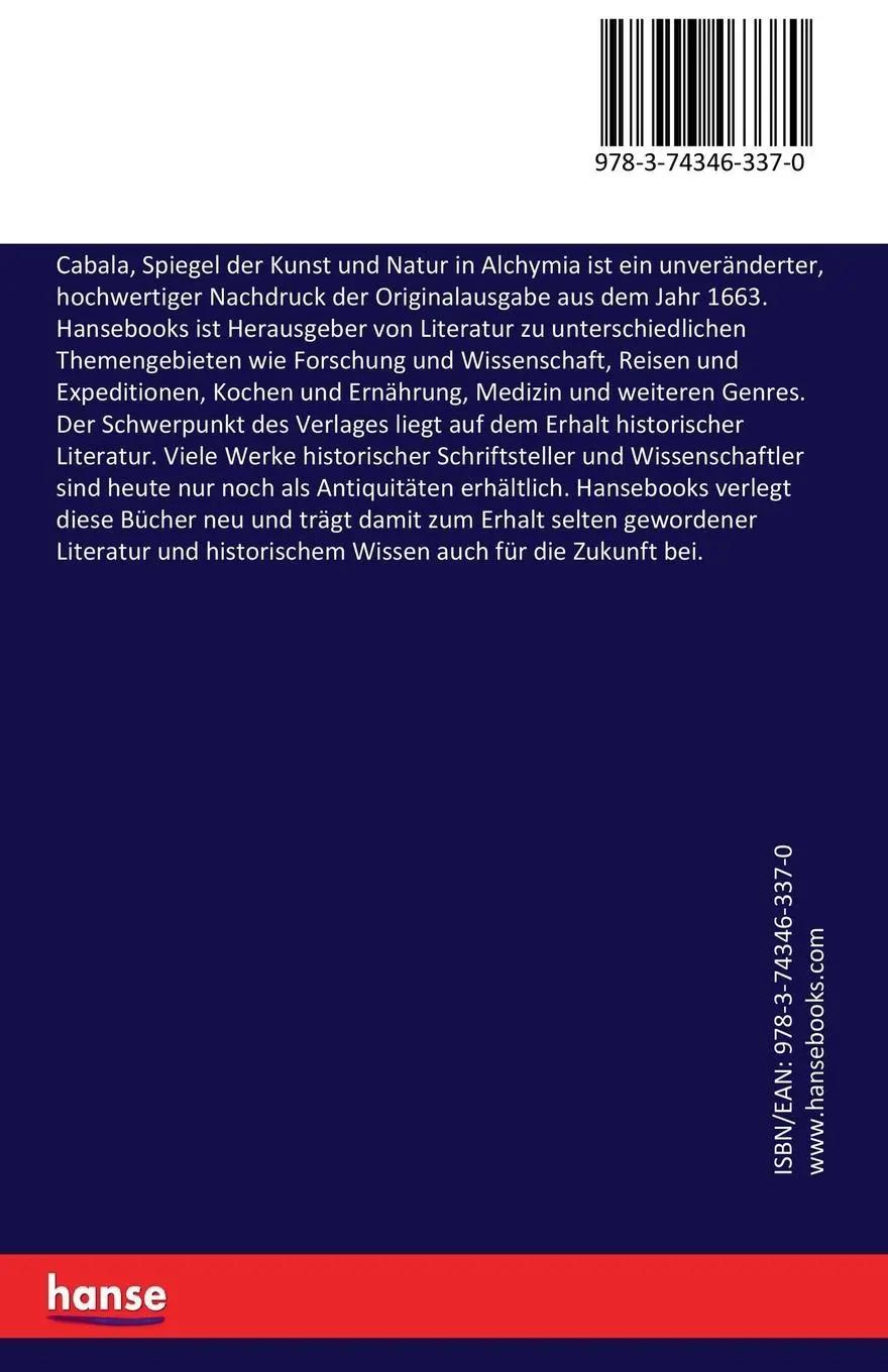 Rückseite: 9783743463370 | Cabala, Spiegel der Kunst und Natur in Alchymia | Custos (u. a.)