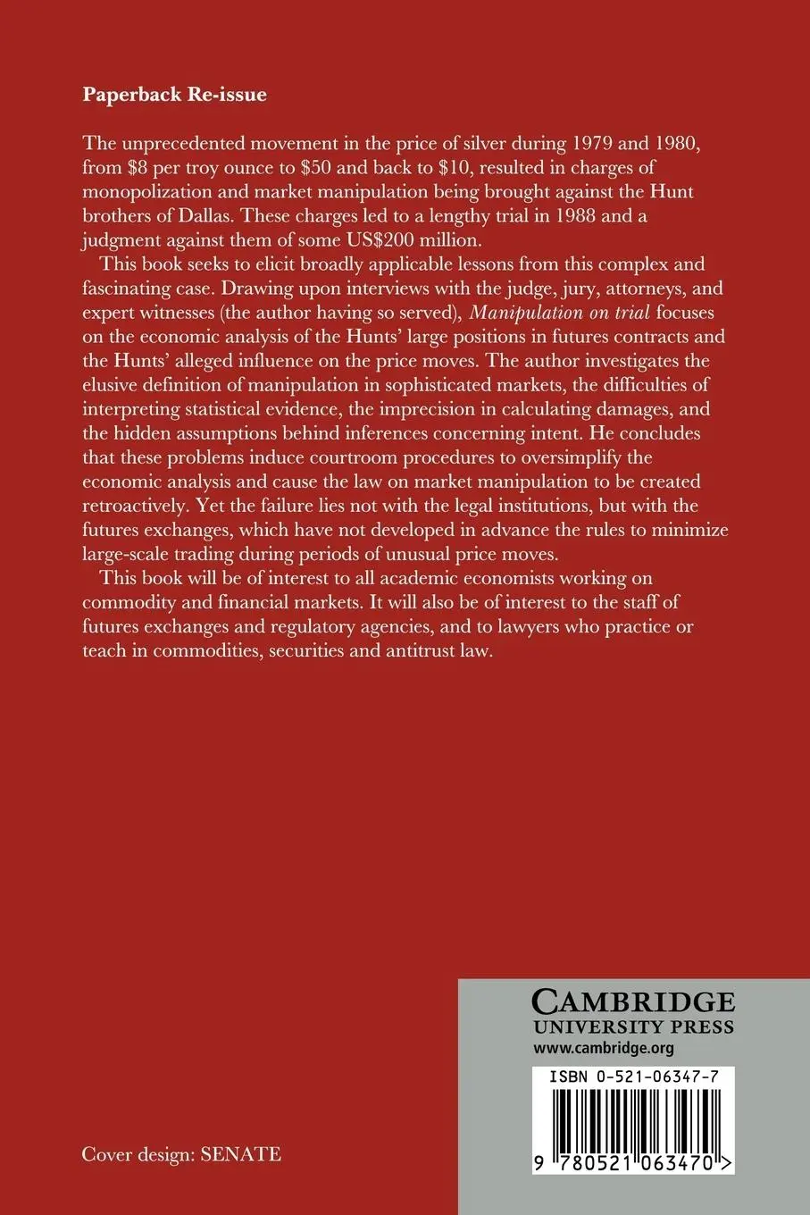 Rückseite: 9780521063470 | Manipulation on Trial | Economic Analysis and the Hunt Silver Case