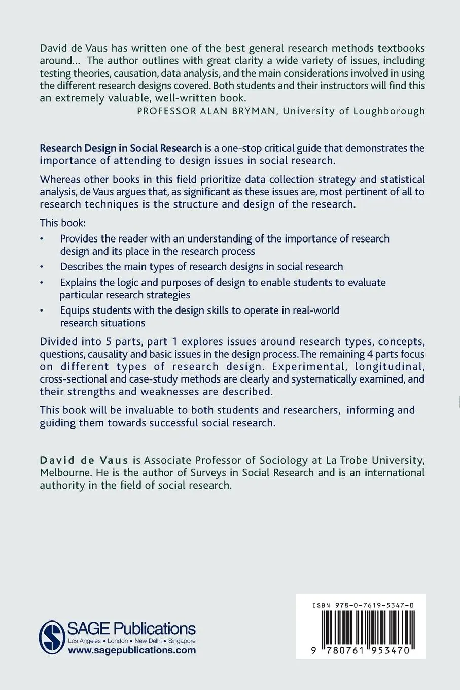 Rückseite: 9780761953470 | Research Design in Social Research | David De Vaus | Taschenbuch