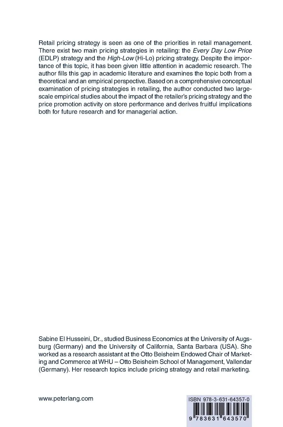 Rückseite: 9783631643570 | EDLP versus Hi-Lo Pricing Strategies in Retailing | Sabine El Husseini