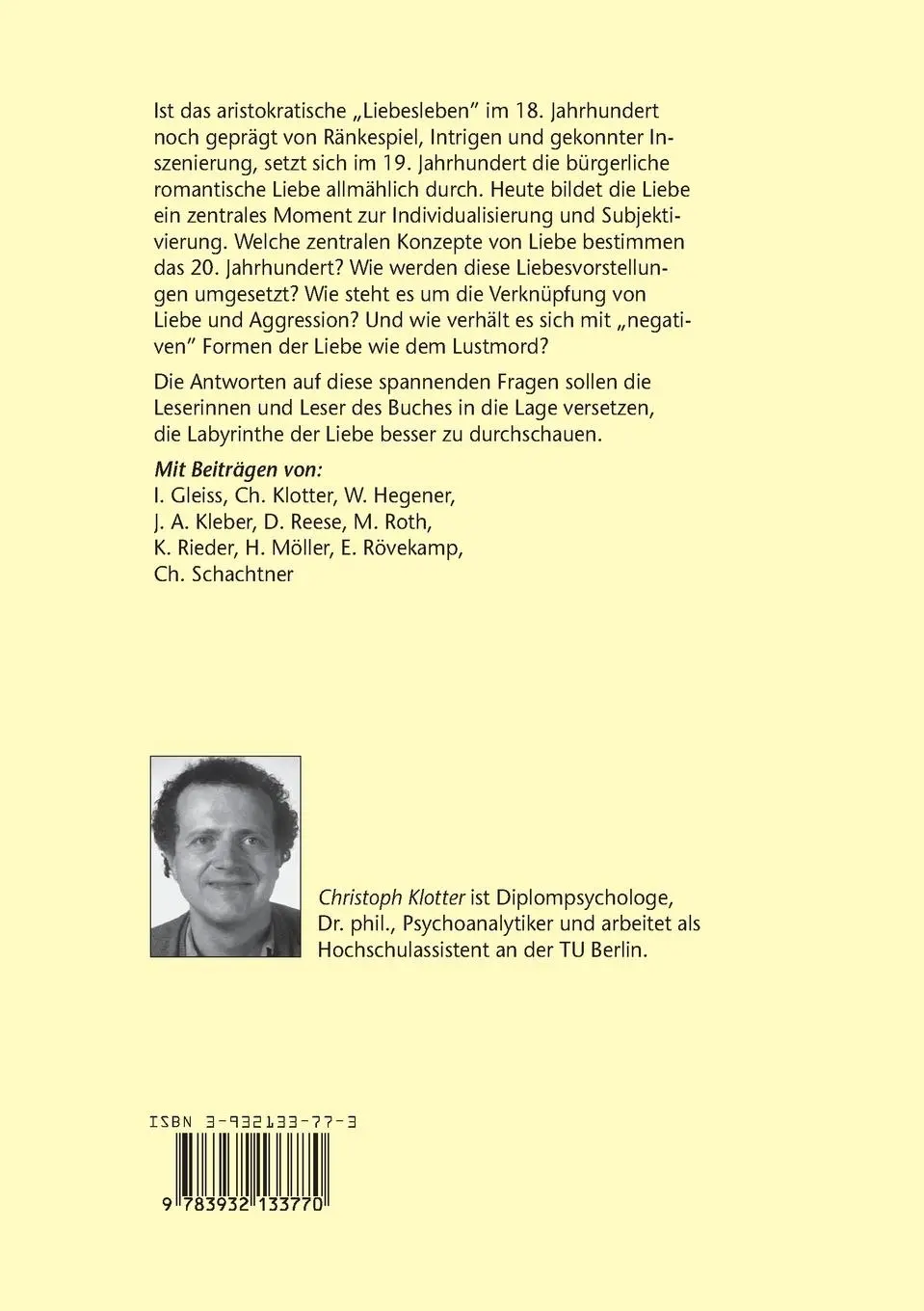 Rückseite: 9783932133770 | Liebesvorstellungen im 20. Jahrhundert | Christoph Klotter | Buch