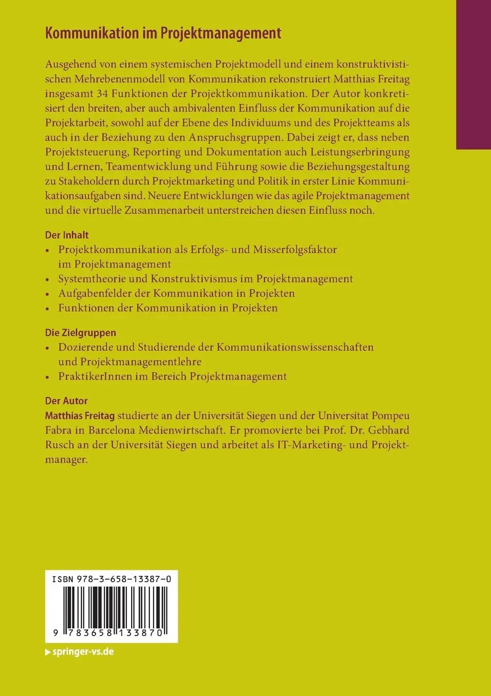 Rückseite: 9783658133870 | Kommunikation im Projektmanagement | Matthias Freitag | Taschenbuch