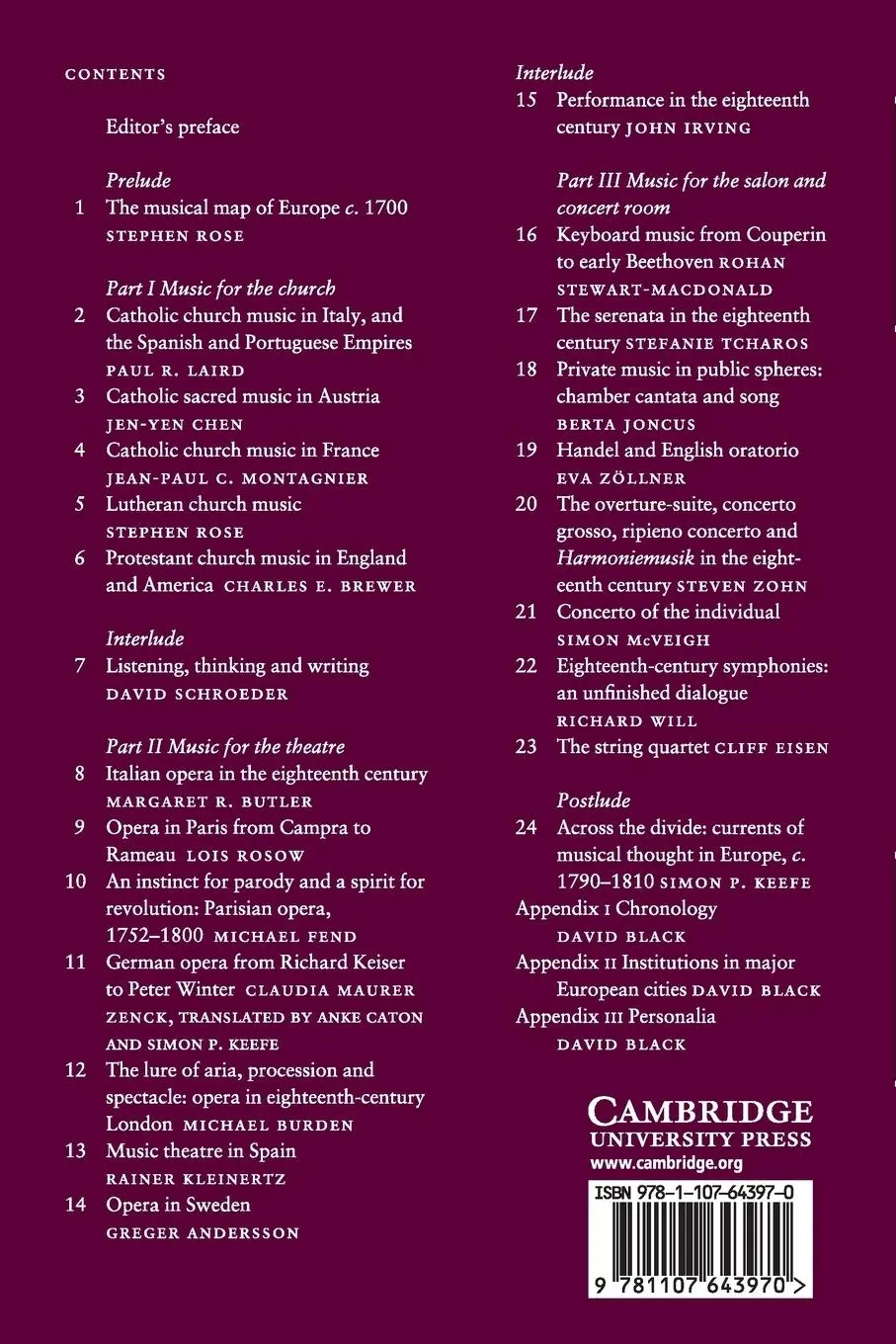 Rückseite: 9781107643970 | The Cambridge History of Eighteenth-Century Music | Simon P. Keefe