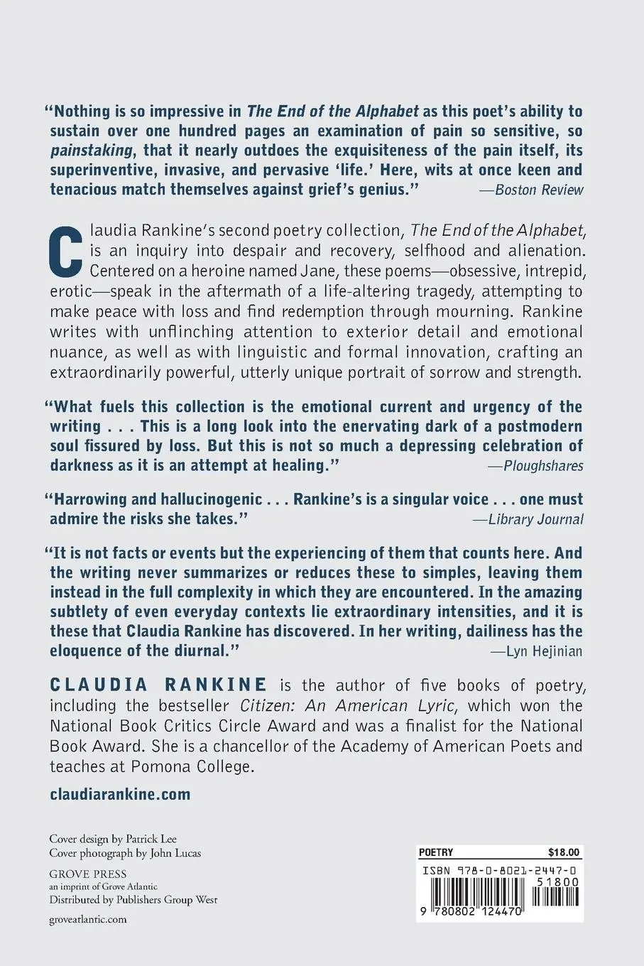 Rückseite: 9780802124470 | The End of the Alphabet | Claudia Rankine | Taschenbuch | Englisch