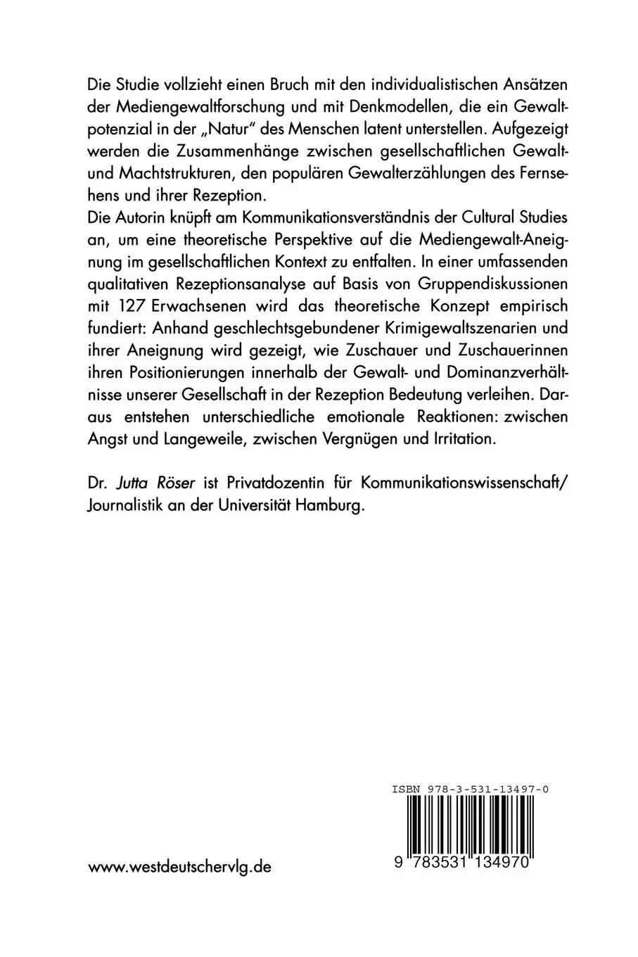 Rückseite: 9783531134970 | Fernsehgewalt im gesellschaftlichen Kontext | Jutta Röser | Buch