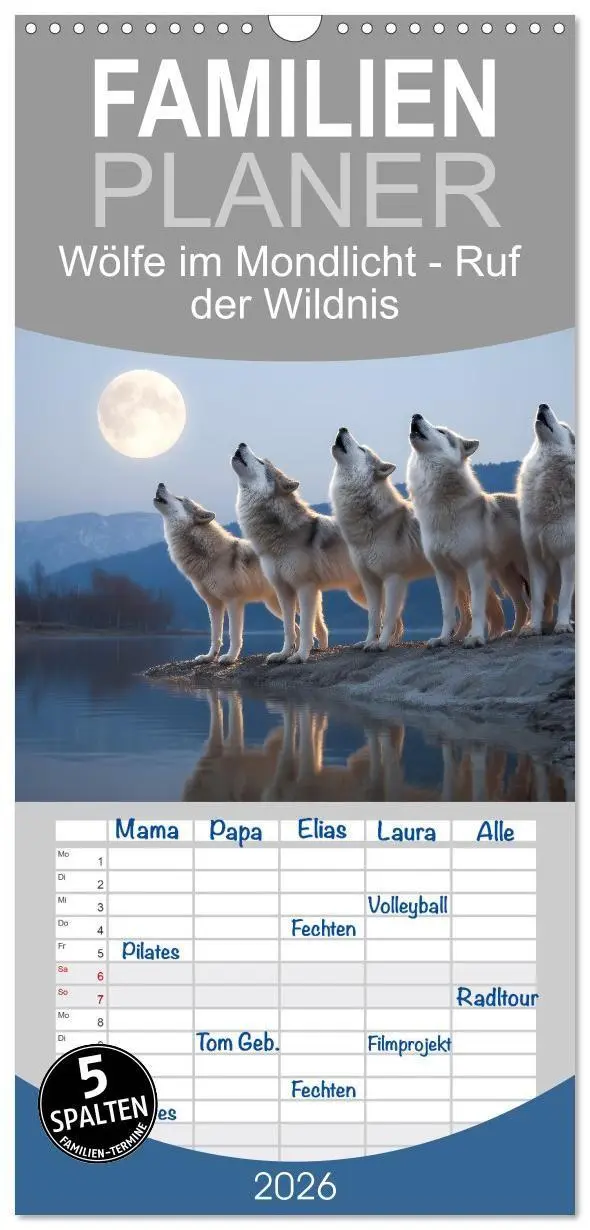 Cover: 9783516715170 | Familienplaner 2026 - Wölfe im Mondlicht - Ruf der Wildnis mit 5...