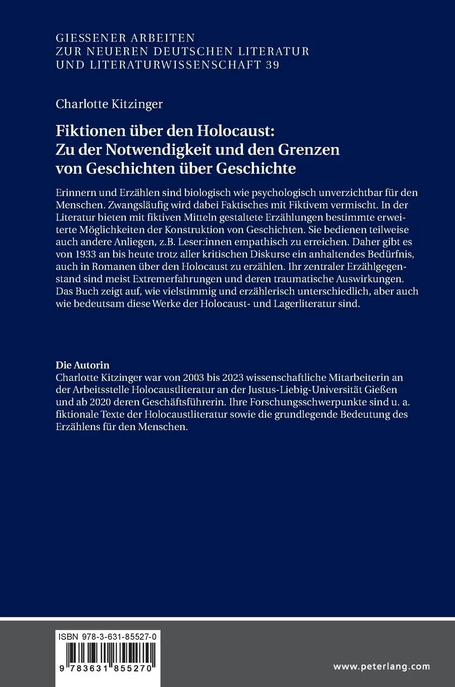 Rückseite: 9783631855270 | Fiktionen u¿ber den Holocaust: Zu der Notwendigkeit und den Grenzen...