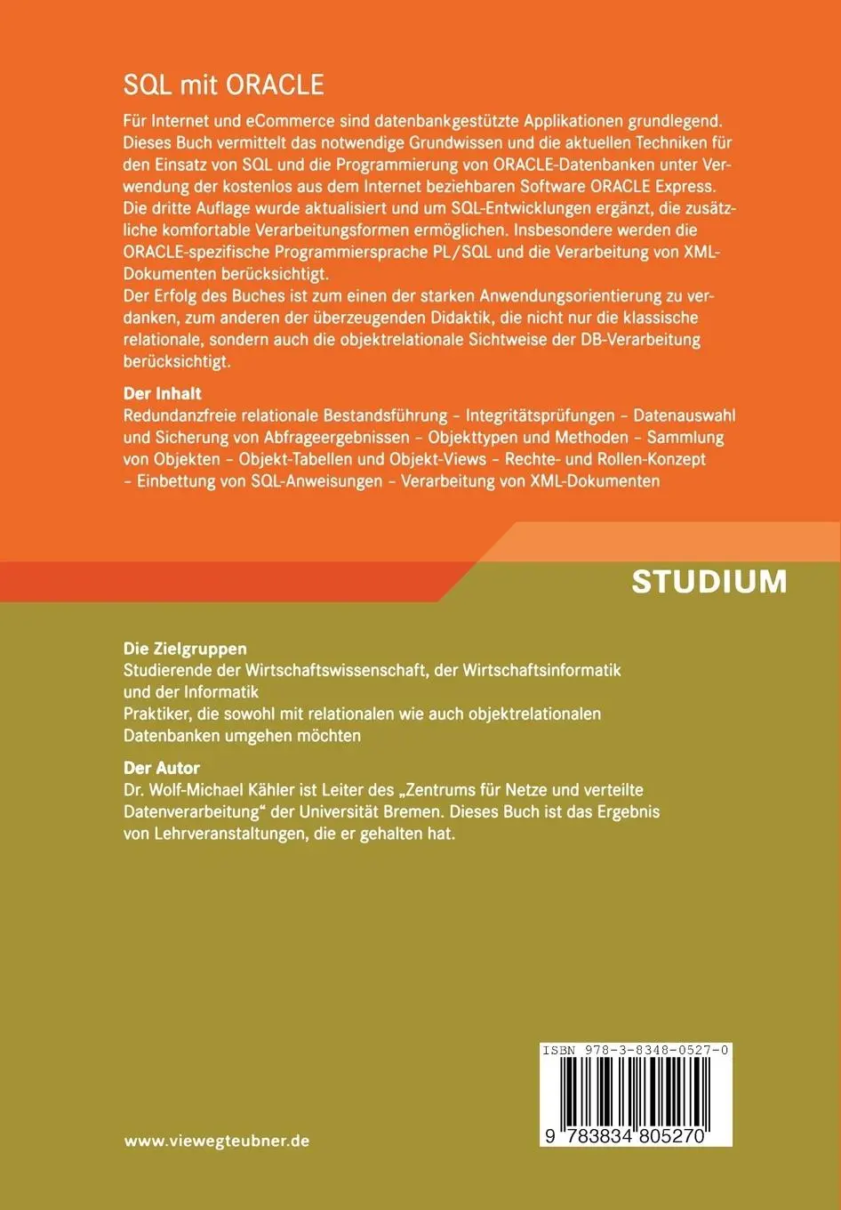 Rückseite: 9783834805270 | SQL mit ORACLE | Wolf-Michael Kähler | Taschenbuch | xi | Deutsch