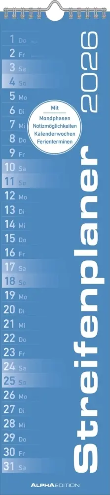 Cover: 4069095005570 | Alpha Edition - Streifenplaner Blau Kalender 2026 - 11,3x49,5 cm -...