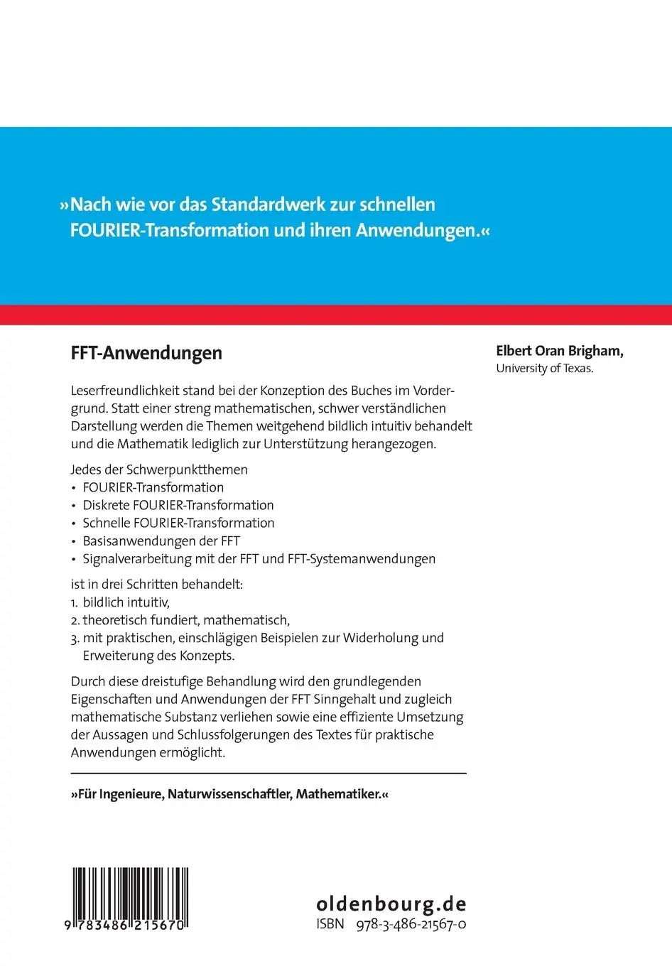 Rückseite: 9783486215670 | FFT-Anwendungen | Elbert Oran Brigham | Taschenbuch | 441 S. | Deutsch