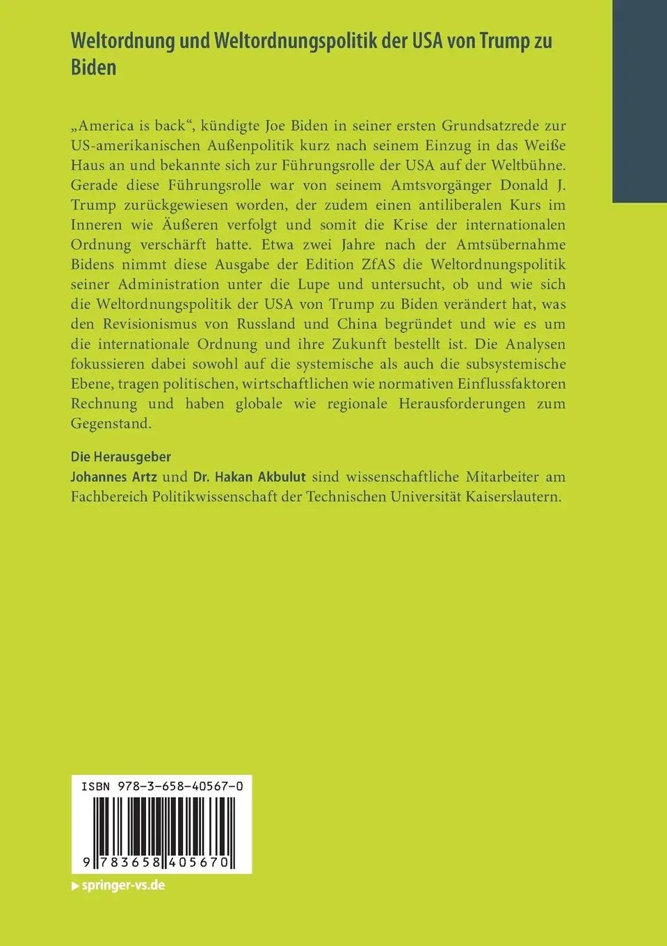 Rückseite: 9783658405670 | Weltordnung und Weltordnungspolitik der USA von Trump zu Biden | Buch
