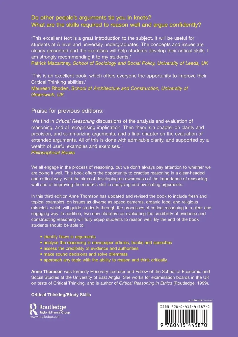 Rückseite: 9780415445870 | Critical Reasoning | A Practical Introduction | Anne Thomson | Buch