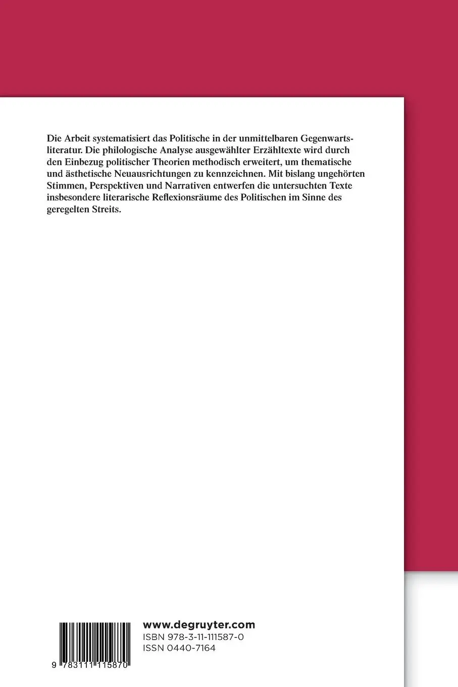 Rückseite: 9783111115870 | Literarische Reflexionsräume des Politischen | Anna Hampel | Buch