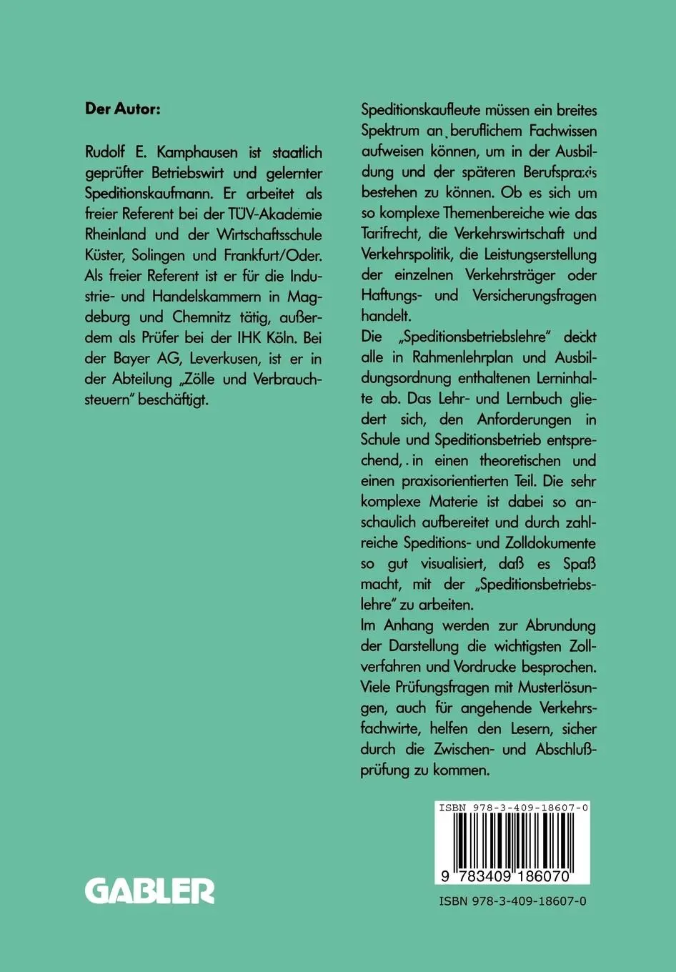 Rückseite: 9783409186070 | Speditionsbetriebslehre | Mit Prüfungsaufgaben | Rudolf E. Kamphausen
