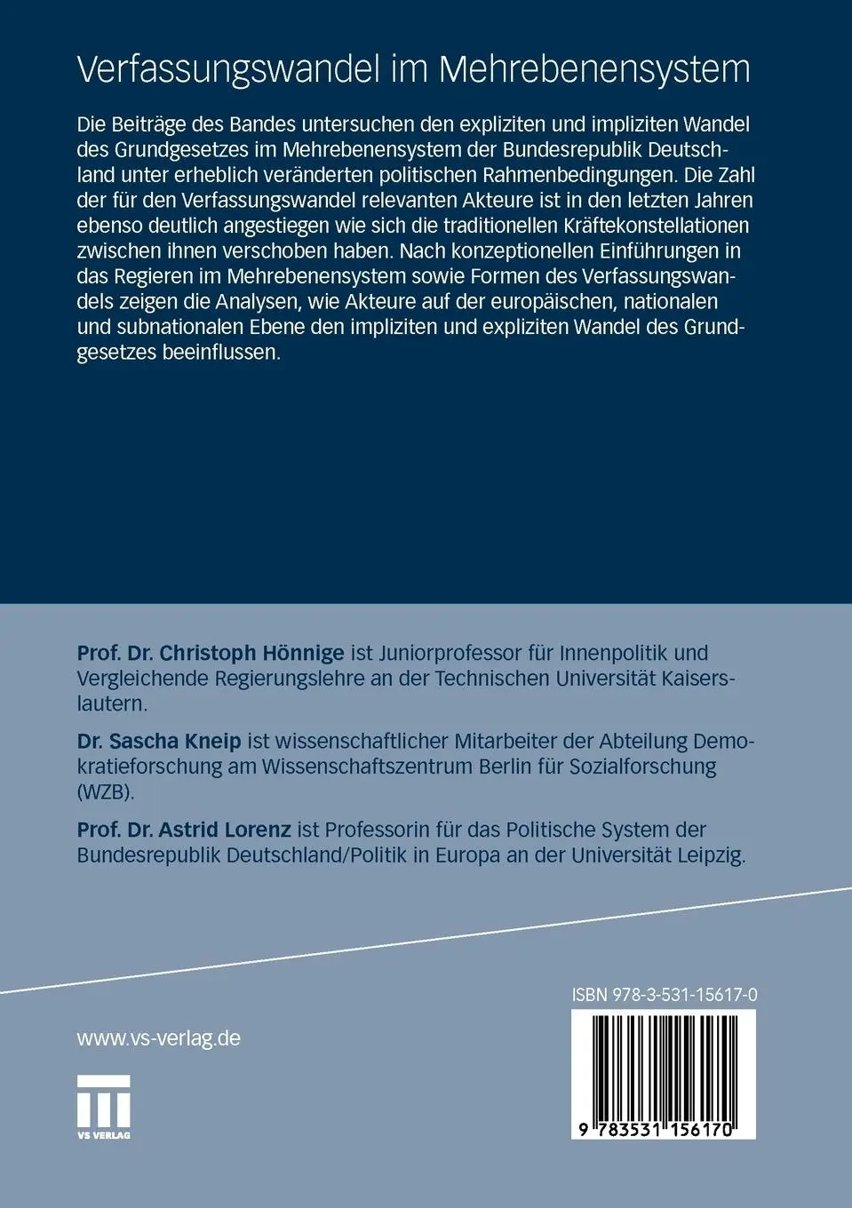 Rückseite: 9783531156170 | Verfassungswandel im Mehrebenensystem | Christoph Hönnige (u. a.)