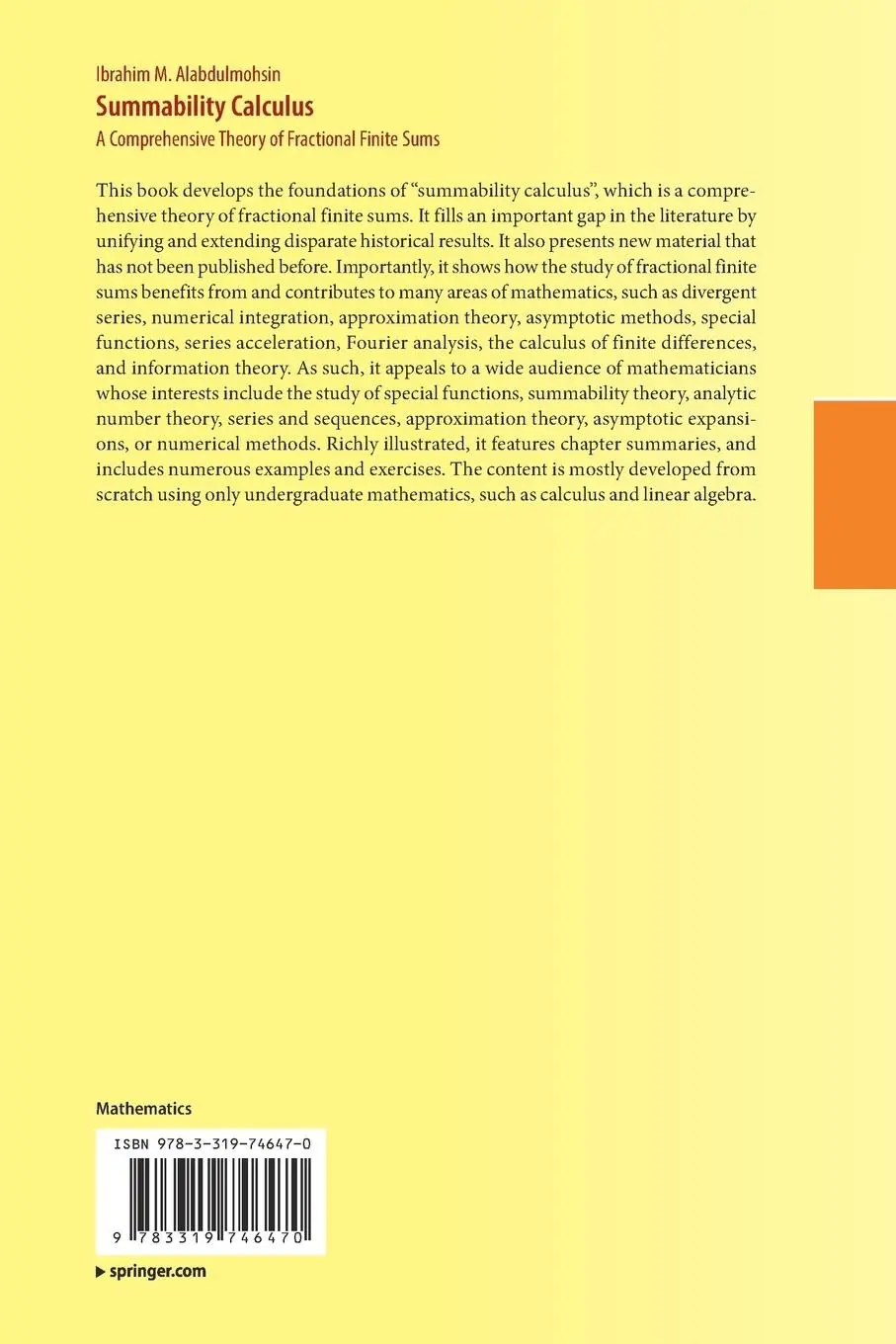 Rückseite: 9783319746470 | Summability Calculus | Ibrahim M. Alabdulmohsin | Taschenbuch | xiii
