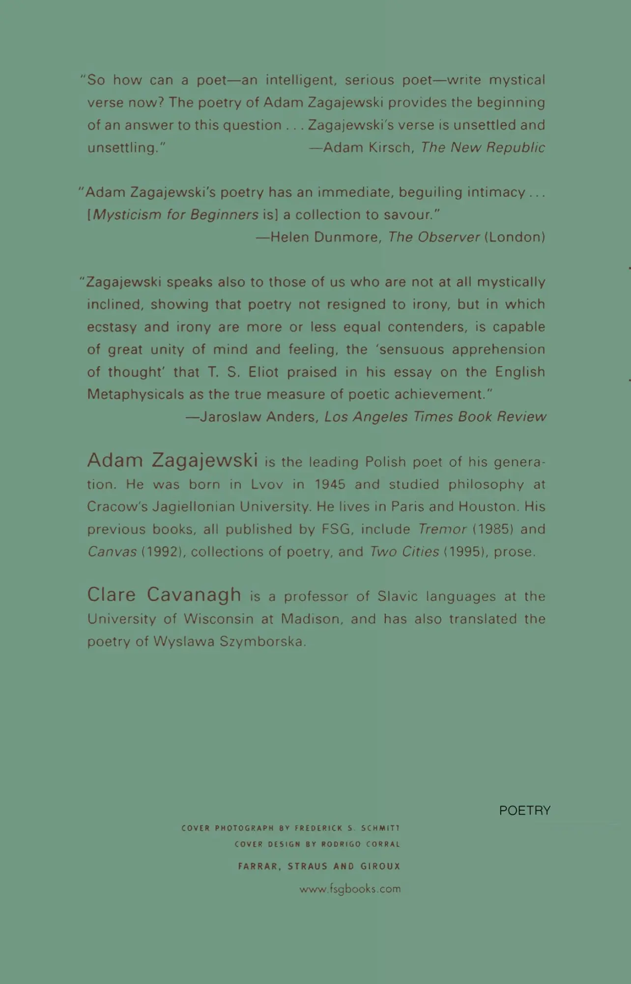 Rückseite: 9780374526870 | Mysticism for Beginners | Poems | Adam Zagajewski | Taschenbuch | 1999