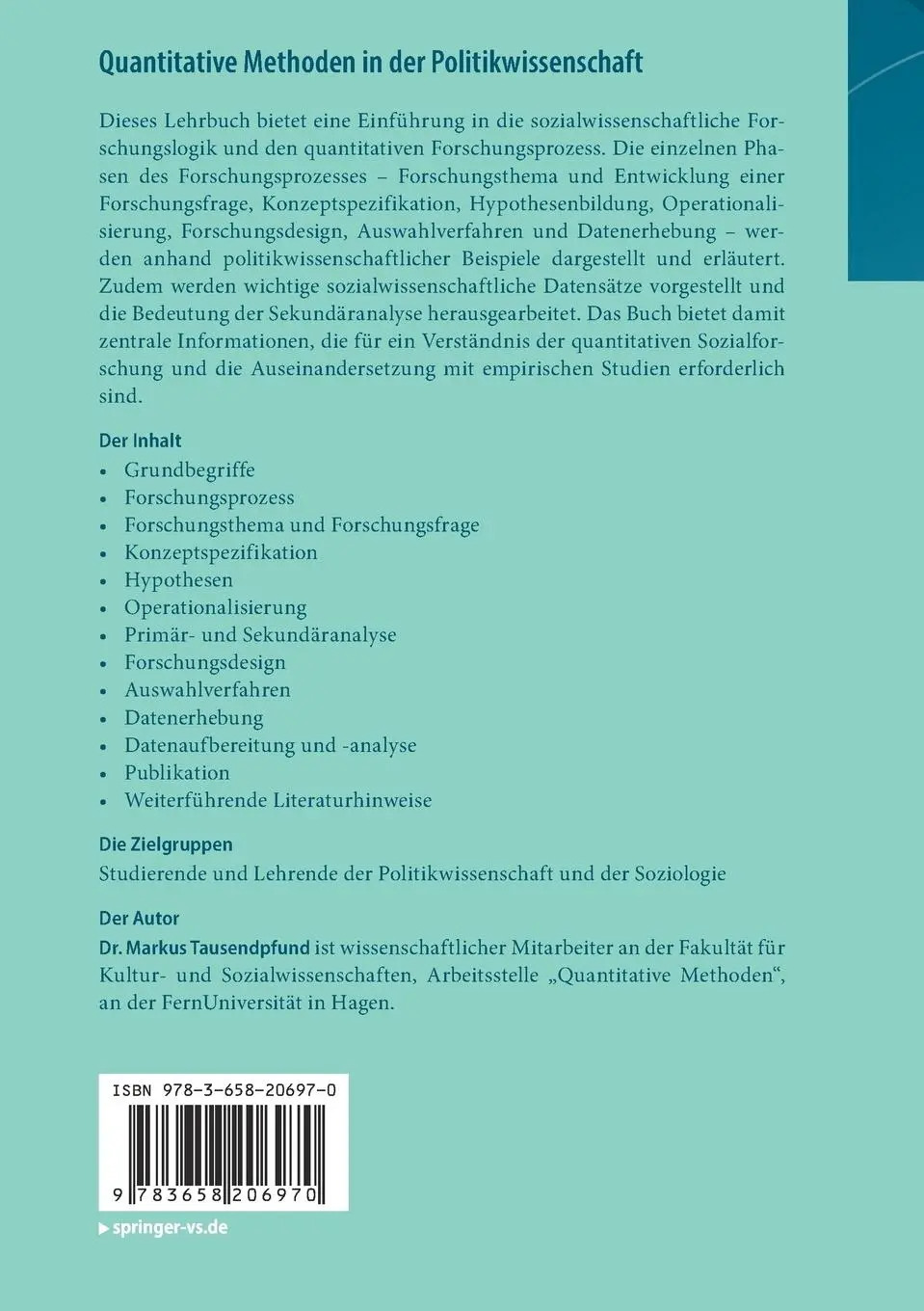 Rückseite: 9783658206970 | Quantitative Methoden in der Politikwissenschaft | Eine Einführung