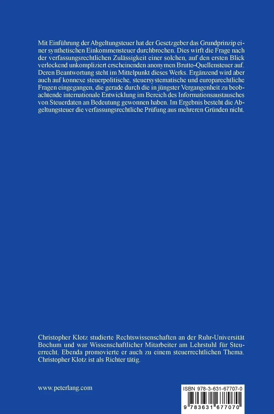 Rückseite: 9783631677070 | Die Abgeltungssteuer | Christopher Klotz | Buch | Gebunden | Deutsch