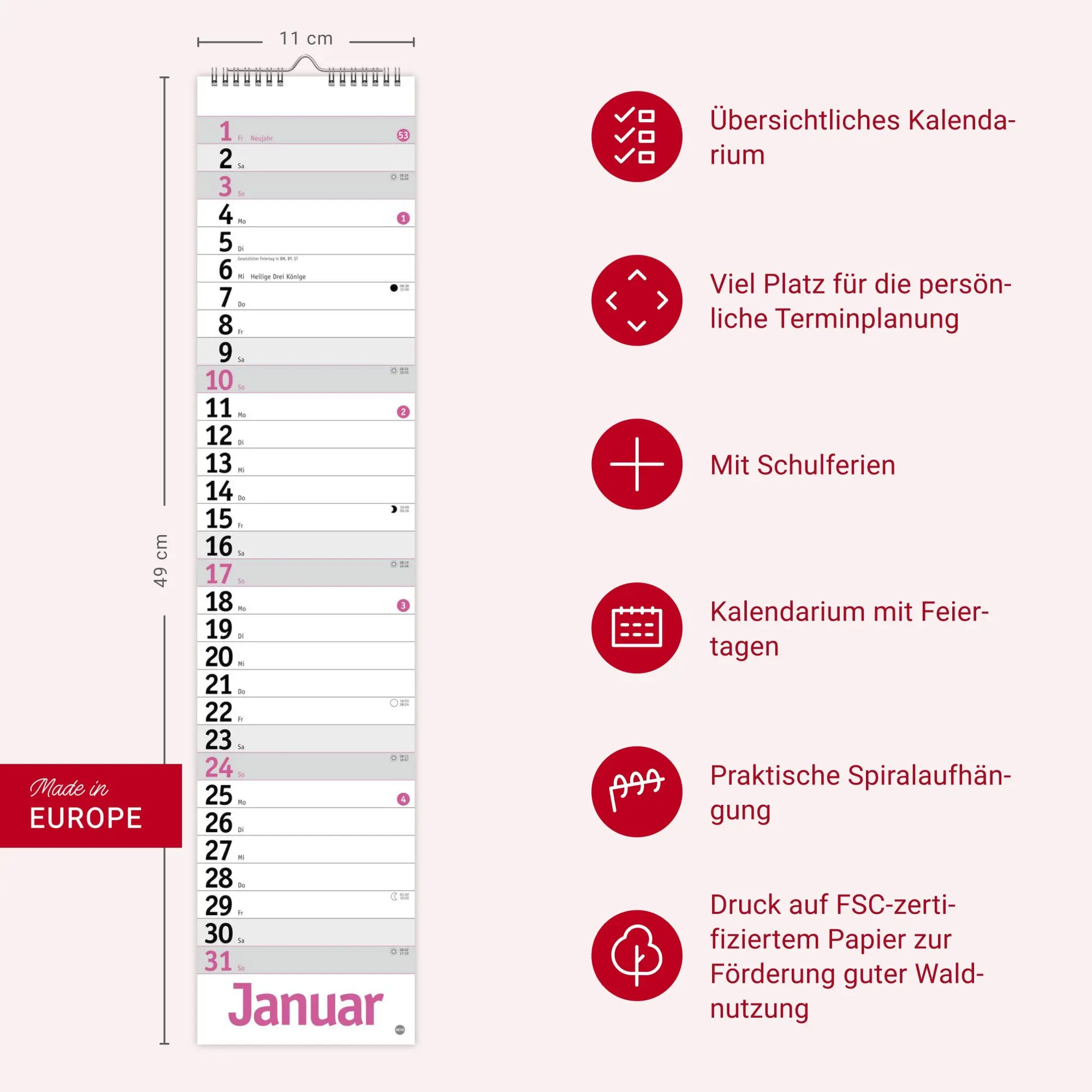 Bild: 9783756417070 | Langplaner, pink 2027 | Kalender | Streifenplaner Kalender Heye | 2027