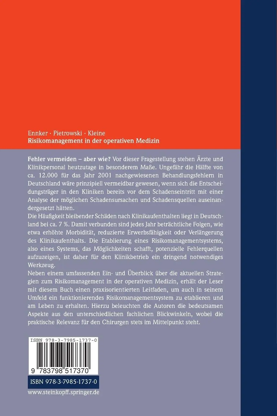 Rückseite: 9783798517370 | Risikomanagement in der operativen Medizin | J. Ennker (u. a.) | Buch