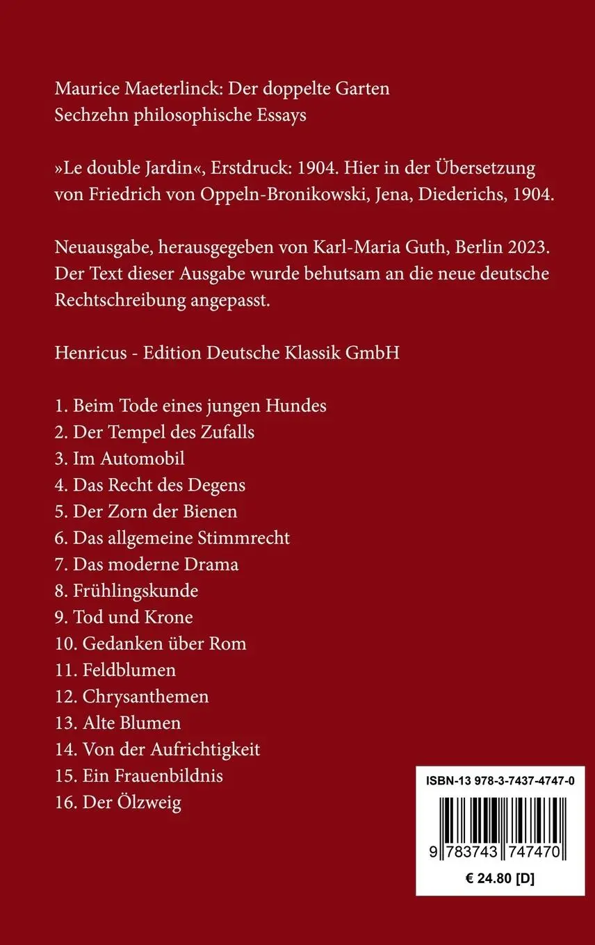 Rückseite: 9783743747470 | Der doppelte Garten | Sechzehn philosophische Essays | Maeterlinck