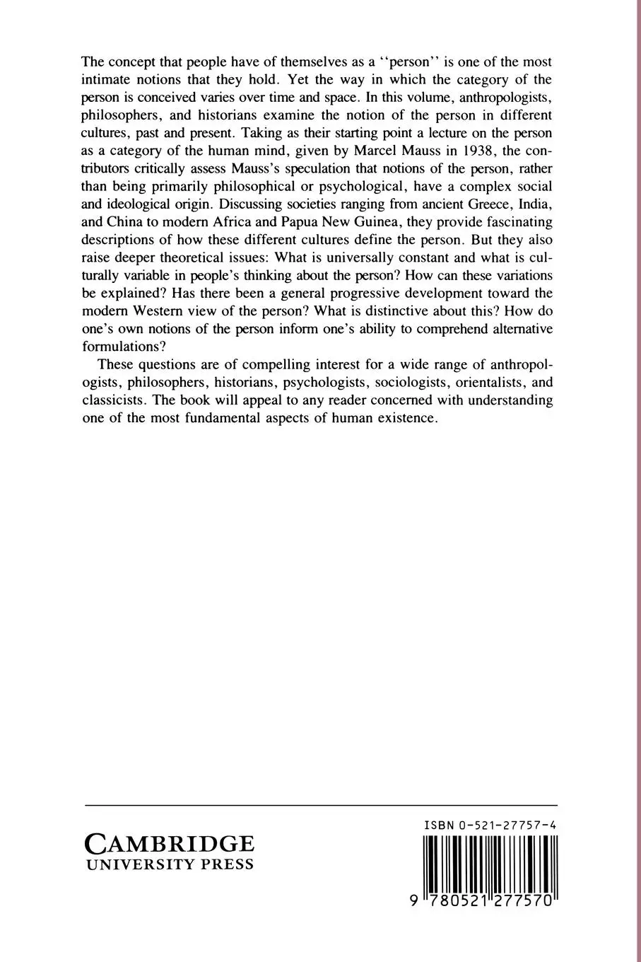 Rückseite: 9780521277570 | The Category of the Person | Anthropology, Philosophy, History | Buch
