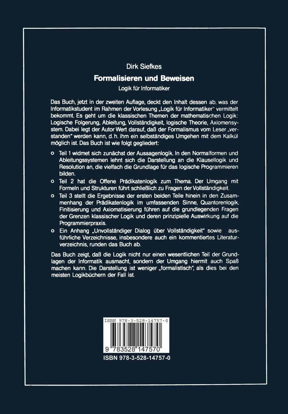 Rückseite: 9783528147570 | Formalisieren und Beweisen | Logik für Informatiker | Dirk Siefkes