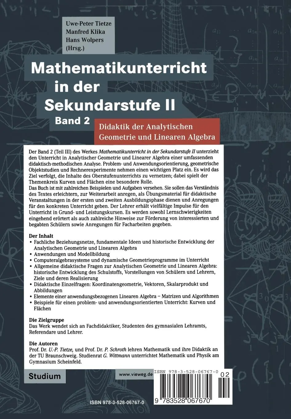 Rückseite: 9783528067670 | Mathematikunterricht in der Sekundarstufe II | Uwe-Peter Tietze | Buch