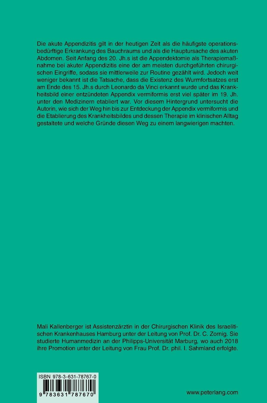 Rückseite: 9783631787670 | Geschichte der Appendizitis | Mali Kallenberger | Buch | 390 S. | 2019
