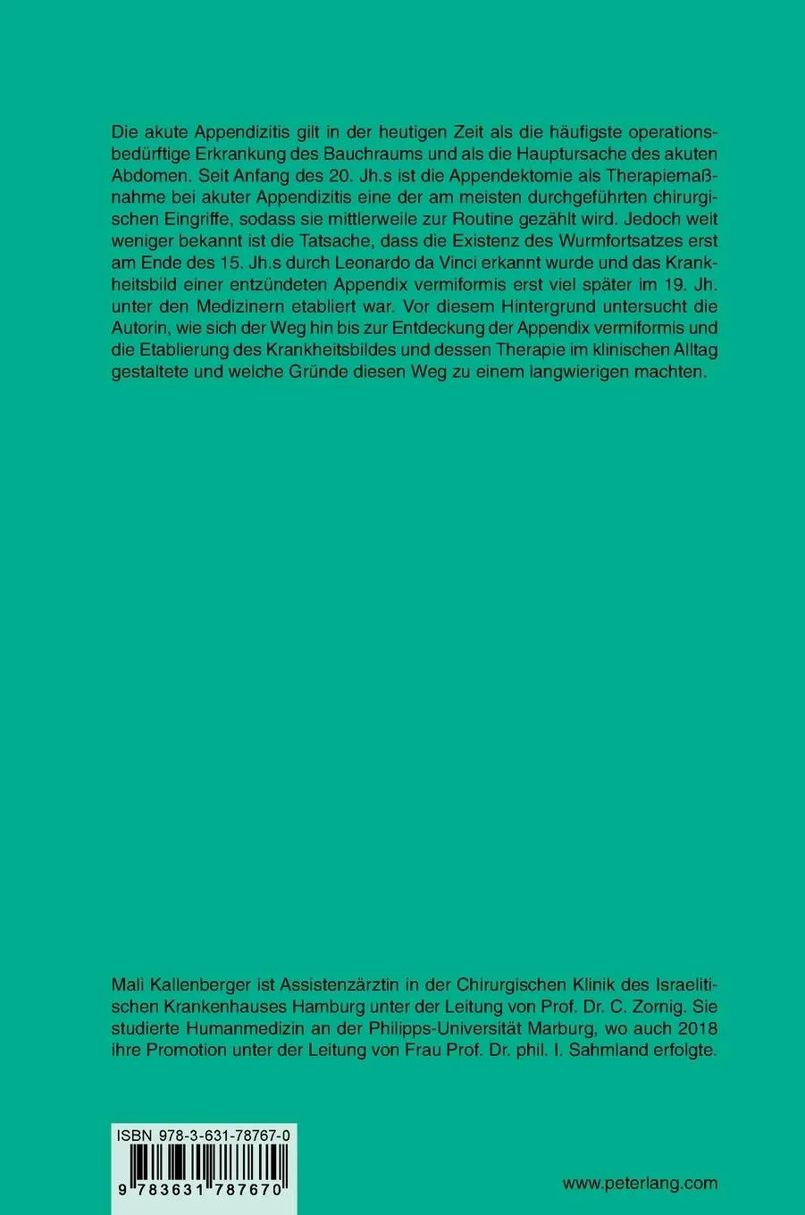 Rückseite: 9783631787670 | Geschichte der Appendizitis | Mali Kallenberger | Buch | 390 S. | 2019