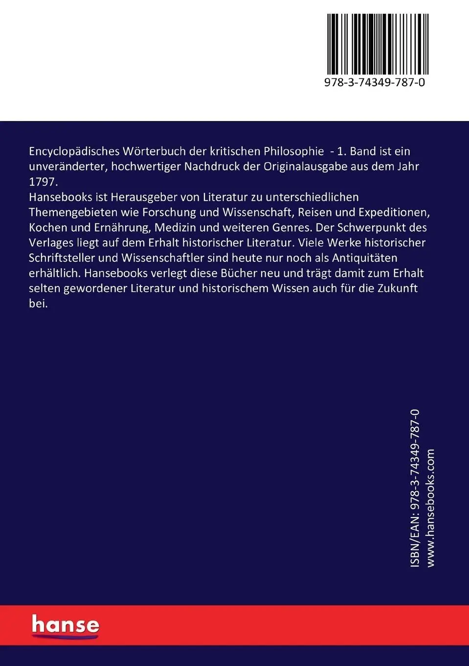 Rückseite: 9783743497870 | Encyclopädisches Wörterbuch der kritischen Philosophie | 1. Band