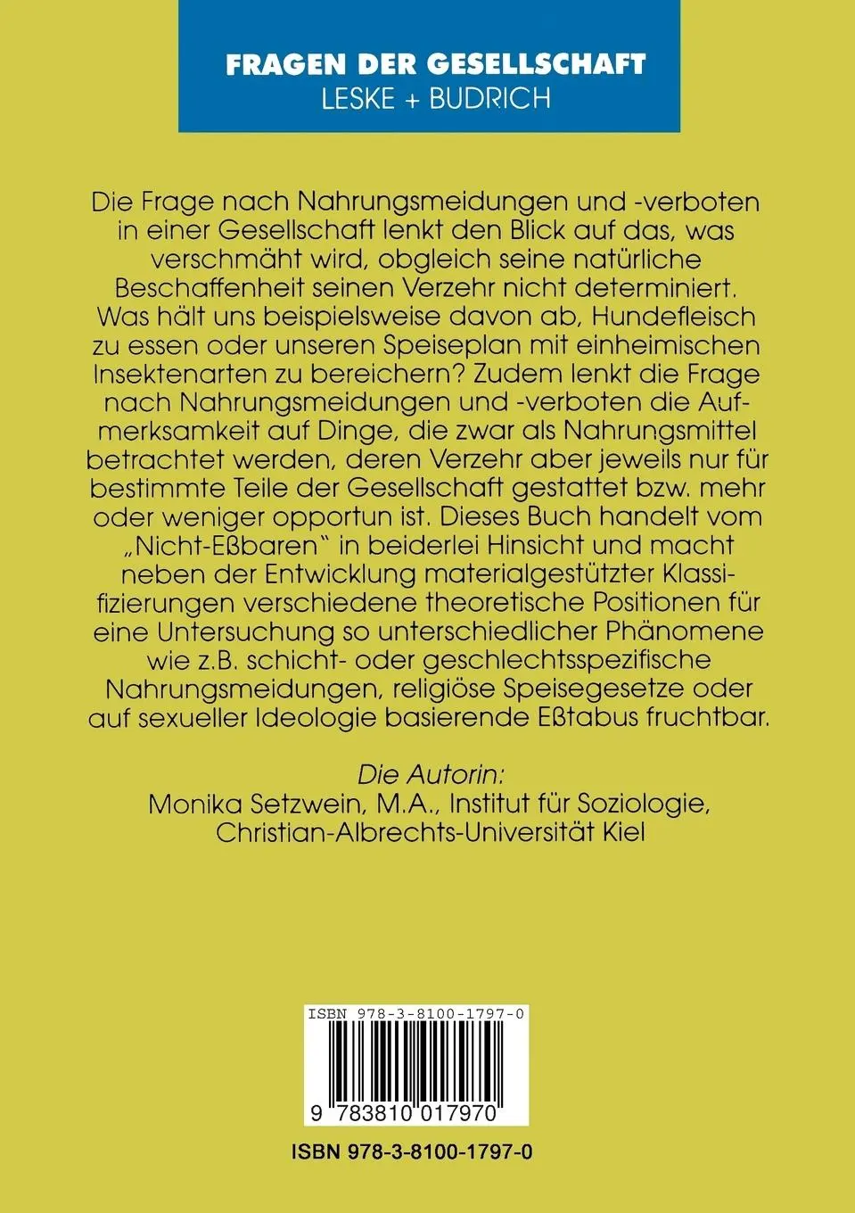 Rückseite: 9783810017970 | Zur Soziologie des Essens | Tabu. Verbot. Meidung | Monika Setzwein