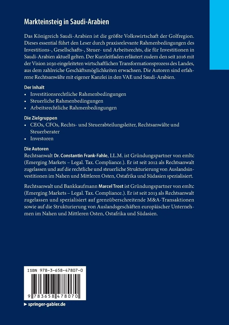 Rückseite: 9783658478070 | Markteinsteig in Saudi-Arabien | Investment Guide Emerging Markets